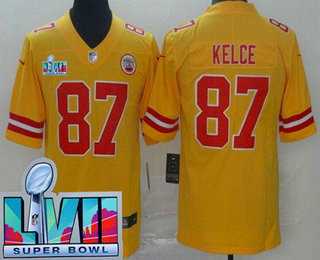 Mens Kansas City Chiefs #87 Travis Kelce Limited Yellow Inverted Super Bowl LVII Vapor Jersey